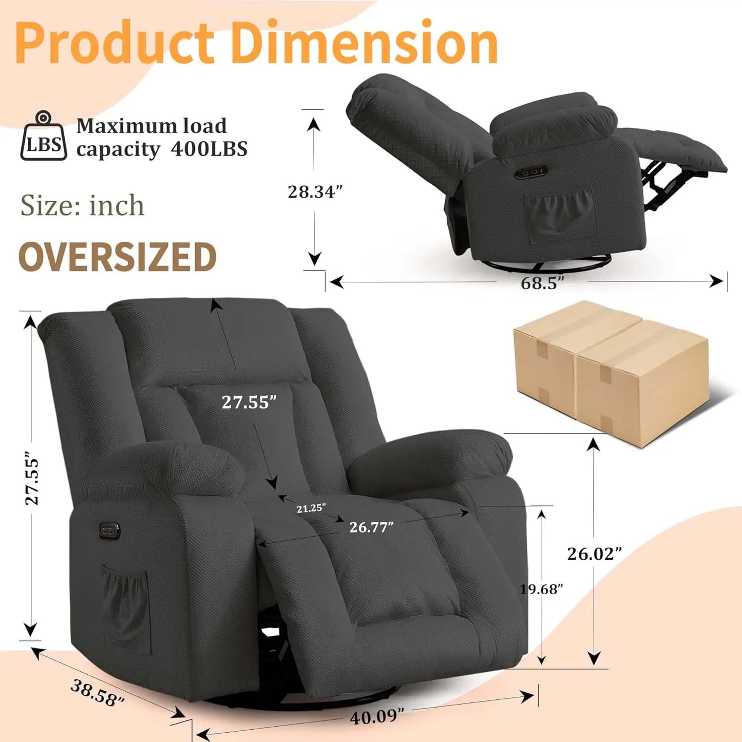 Oversized Power Recliner Chair,Electric Glider Reclining with Massage and Heating,Waffle Fabric Rocker Recliner with Side Pocket