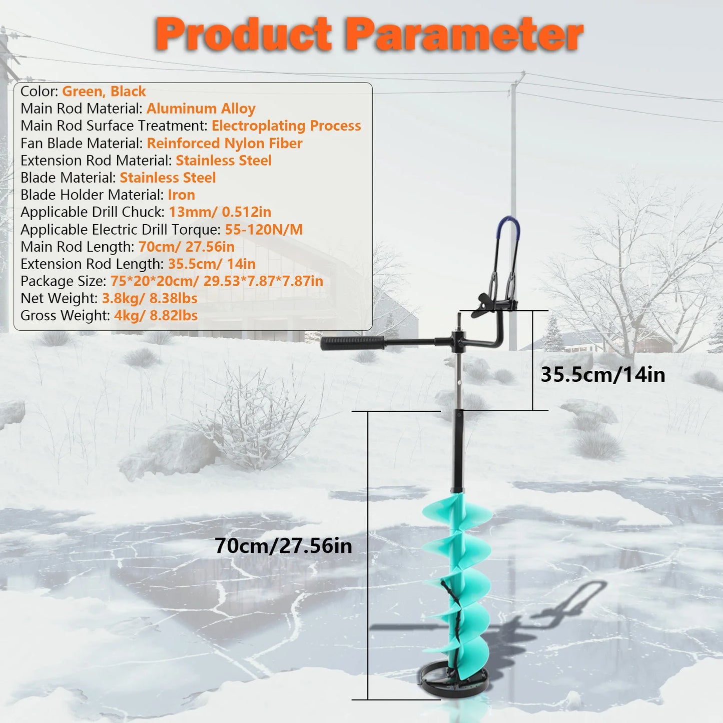 Electric Ice Auger Drill Bit Electric Ice Auger Blade Ice Drill Auger with Positioner Extension Rod for Fishing Emergency 8inch