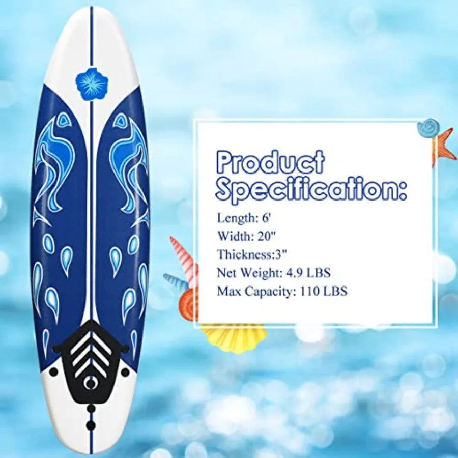 6 Ft Stand Up Surfing Board with 3 Detachable Fins Safety Leash Non-Slip Lightweight Foam for Teenager Adults Blue