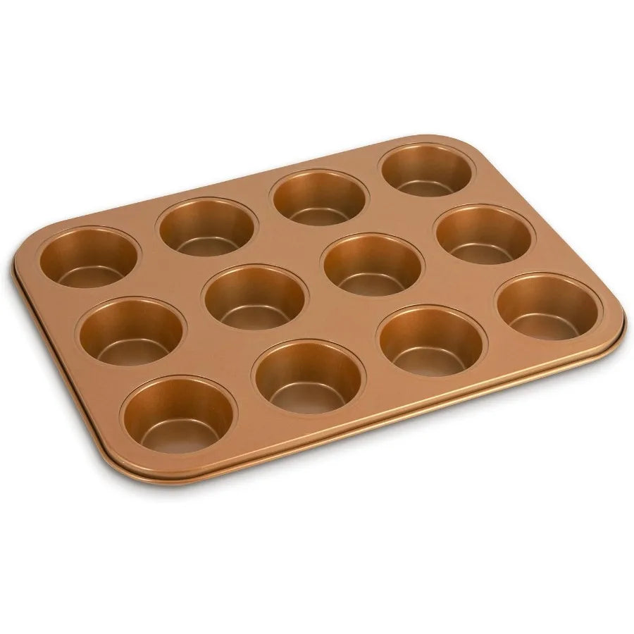 Copper Nonstick Bakeware Set 6 Piece - Cake Pans Cupcake Tray Cookie Sheets for Baking Easy Release Even Heating Nonstick Kitch