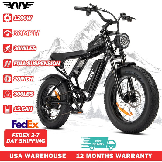 YVY Electric Bike for Adults 1200W 48V 15.6Ah Teens Off-road Touring City Trail 20*4 Inch Fat Tire Snow City Commuter EBike