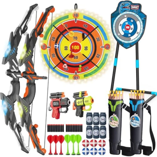 2 Pack LED Archery Set with Standing Target LED Dart Board 20 Suction Cup Arrows Bow and Arrow for 3-12 Indoor Outdoor Sport To
