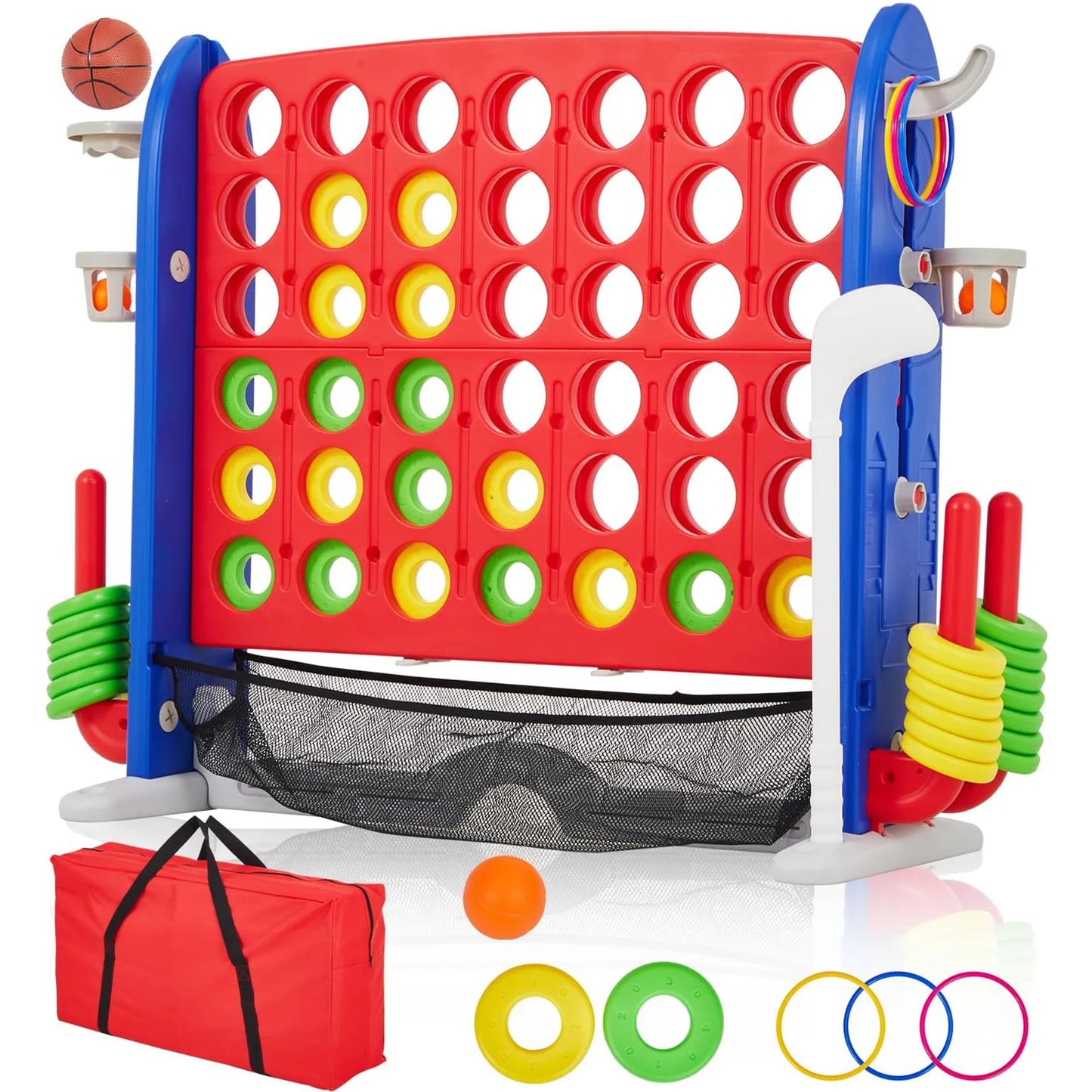 Giant 4 In A Row Game Set 4-in-1 Jumbo Yard Game With Basketball Hoop Ring Toss Adjustable Height Outdoor Family Party Toy