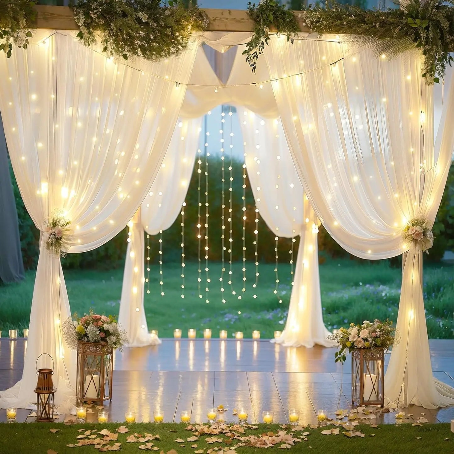 10 Panels-5ft x 10ft Ivory Chiffon Backdrop Curtain with Lights String for Parites Wedding Wrinkle Free Curtain Photo Backdrops