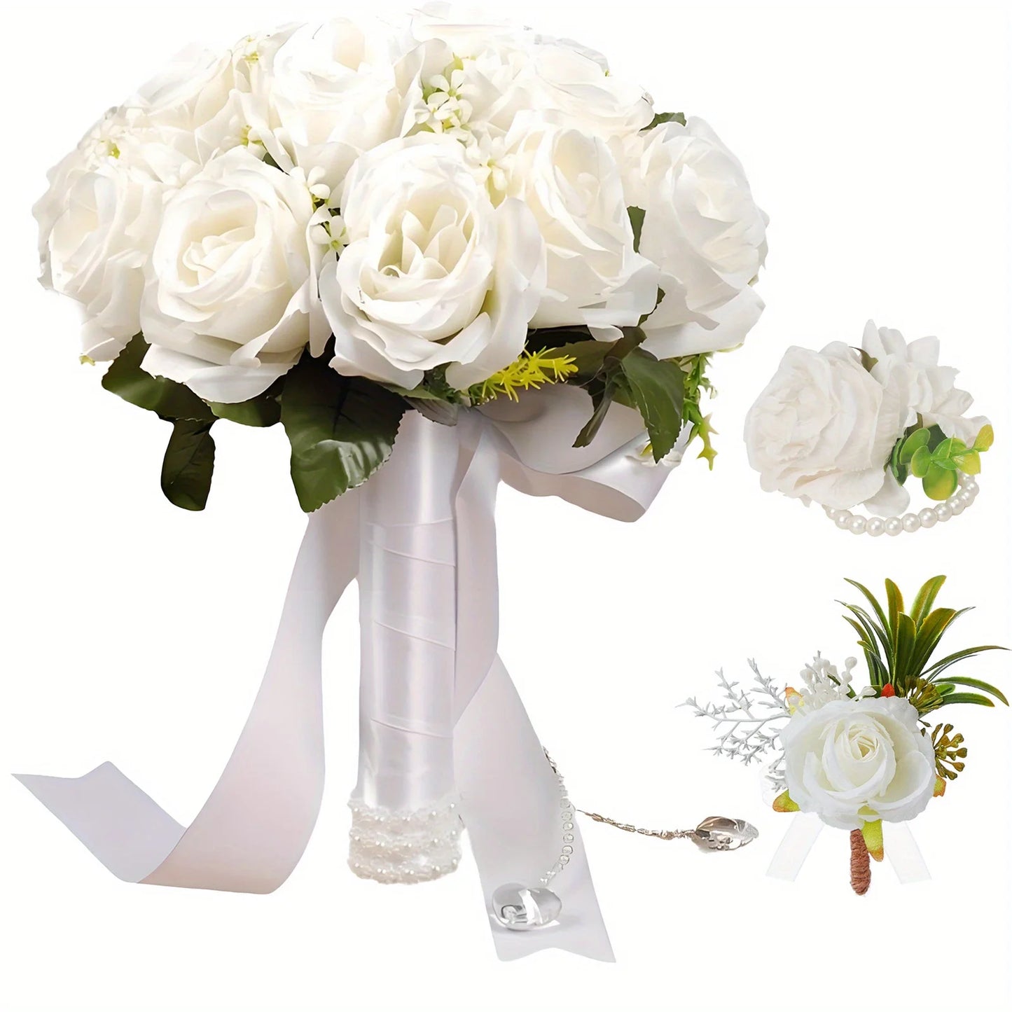 3Pcs Bridal Bridesmaid Wedding Bouque Artificial White Silk Rose,Mariage Bouquet,Wedding Accessories,Boutonnieres,Wrist Corsage