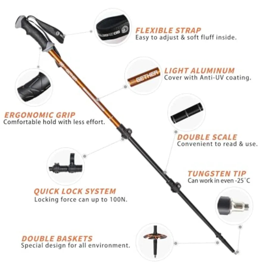 Aluminum Trekking Poles - Quick Adjustable Locks, Comfort Handle, Padded Strap, Snow Baskets - Walking Sticks Suitable for Hiki