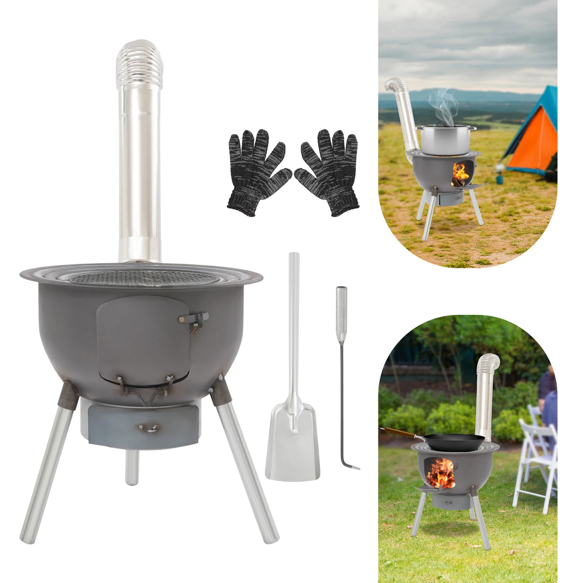Portable Camping Wood Stove Multifunction Fire Pit with Grill Grate 3 Pot Rings Ash Tray for Outdoor Picnic Backyard BBQ Heating