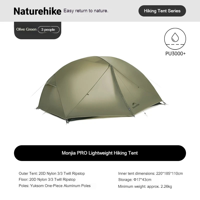 Naturehike Mongar Pro Camping Tent Travel 20D Nylon Tent 1/2/3Person Waterproof Backpacking 3 Season Ultralight Tent with Canopy