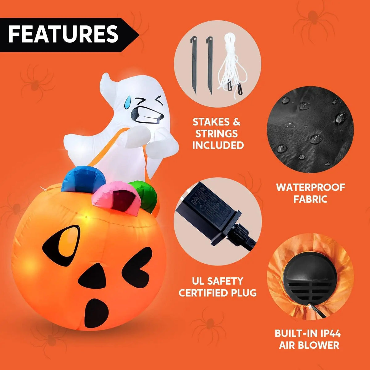 5 FT Tall Halloween Inflatables Outdoor Decorations Cute Ghost Blow Up Ghost Lift Pumpkin Candy Bag with Build-in LEDs For Halloween Gifts