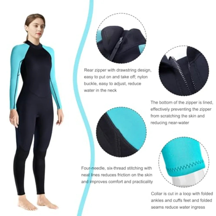 Womens Neoprene Full Wetsuit 3mm for Cold Water Swimming, Surfing, Snorkeling, Diving Black, Thermal Insulation, Flexible Fit