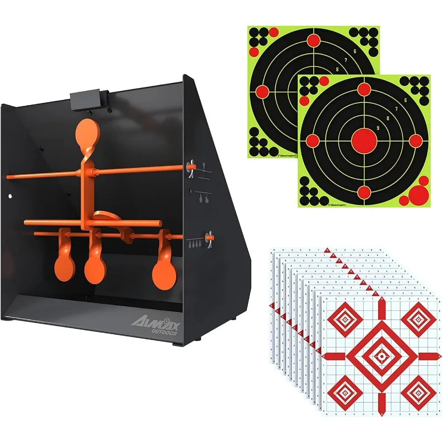 Pellet Gun Target Trap with Center Shot 12pcs Paper Targets and 4 Resetting Metal Shooting Targets for Airgun Rifle Rimfire Ide