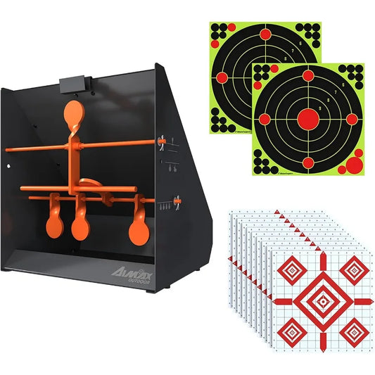 Pellet Gun Target Trap with Center Shot 12pcs Paper Targets and 4 Resetting Metal Shooting Targets for Airgun Rifle Rimfire Ide