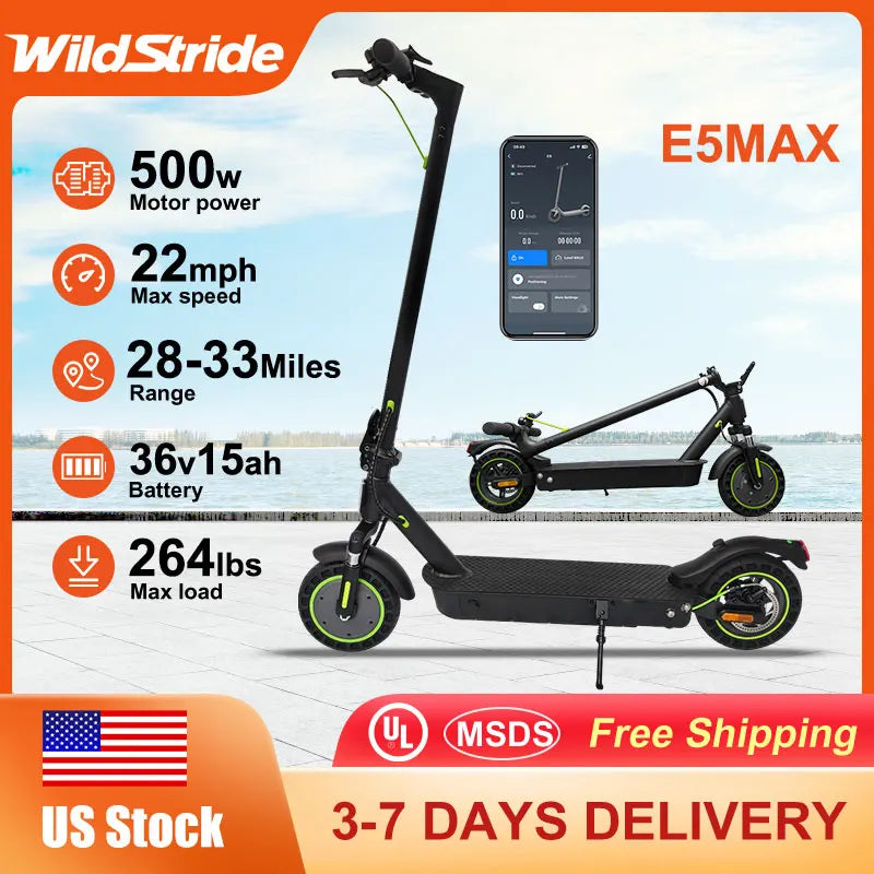 10" Tires Folding Electric Scooter Adult 22mph 500w 15ah Dual Shock Absorber Escooter Electric Skateboard With App E5max