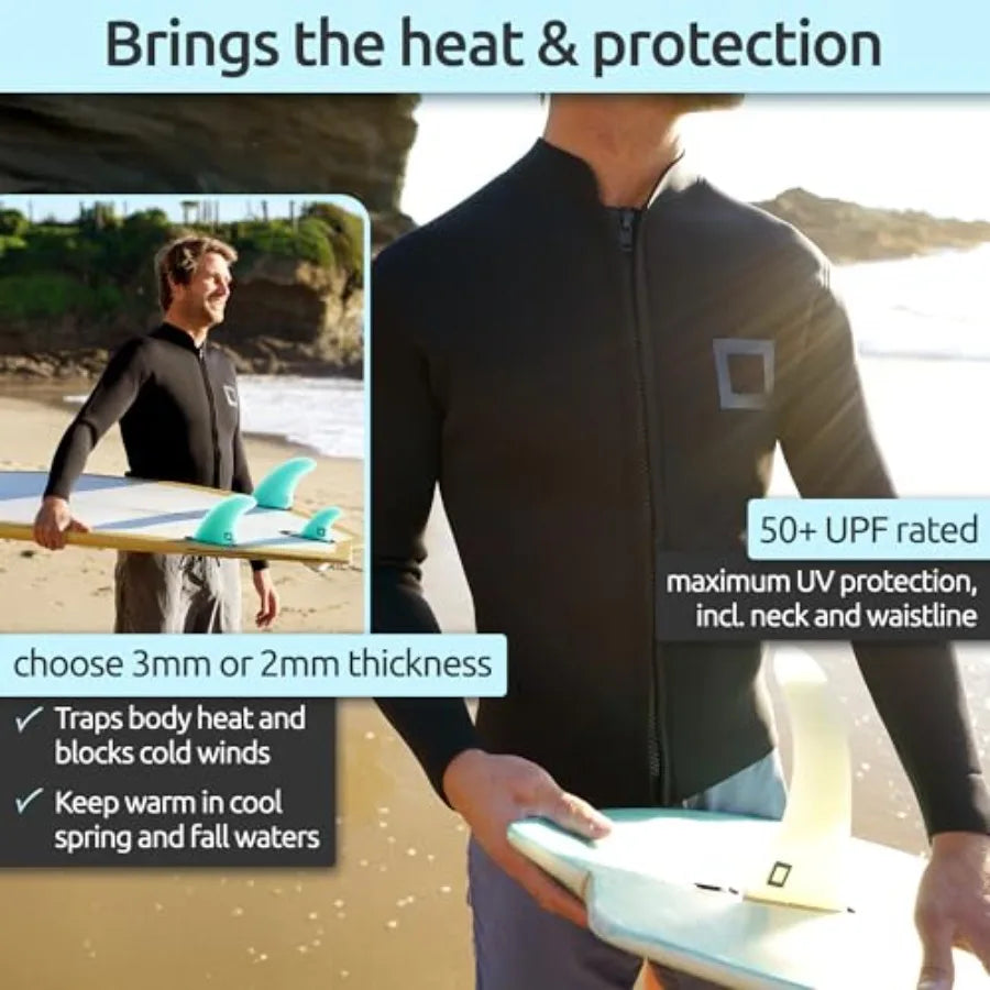 Men's wetsuit top jacket: 2mm/3mm neoprene, black, long sleeve with extended back flap for warmth, comfort, surfing, snorkeling