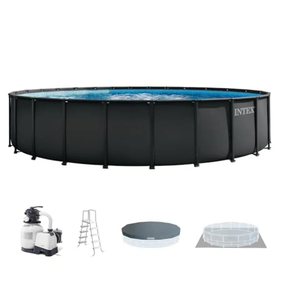 24 ft Round Above Ground Pool Set with Steel Frame Sand Filter Pump 2100 GPH Ladder Cover Ground Cloth Silver Gray