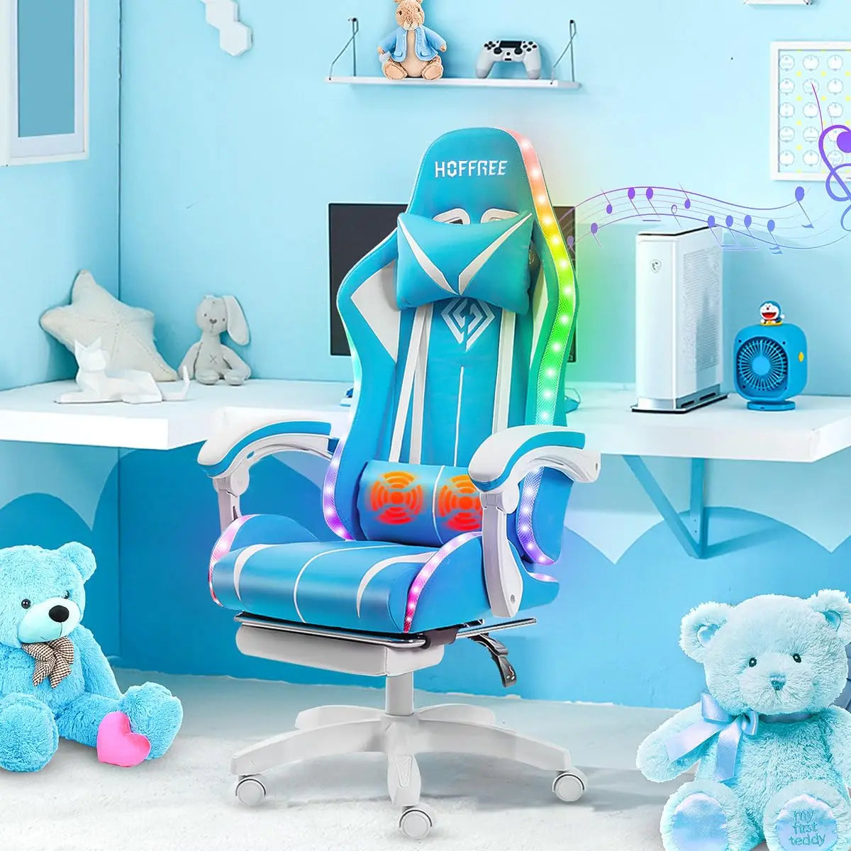 RGB Gaming Chair with Speakers Massage Computer Gaming Chair with LED Lights and Footrest High Back Video Game, Customized