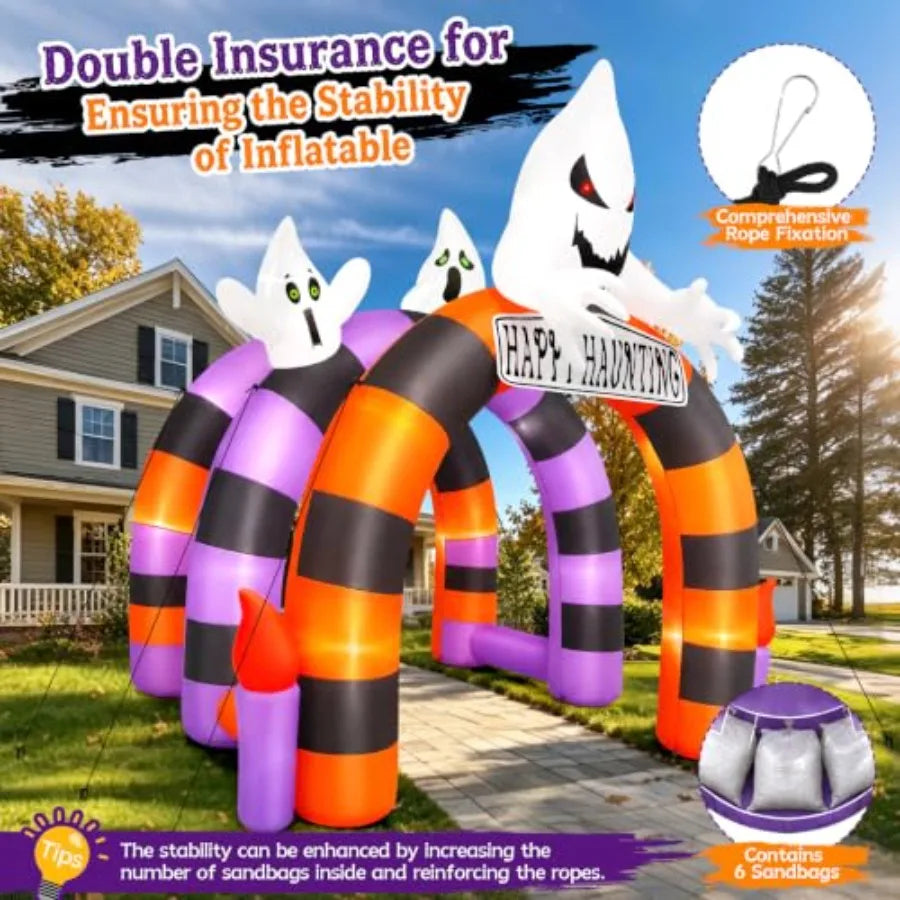 Outdoor Halloween inflatable arch tunnel with ghost design, PVC material, white color, weather-resistant and quick-setup for ya