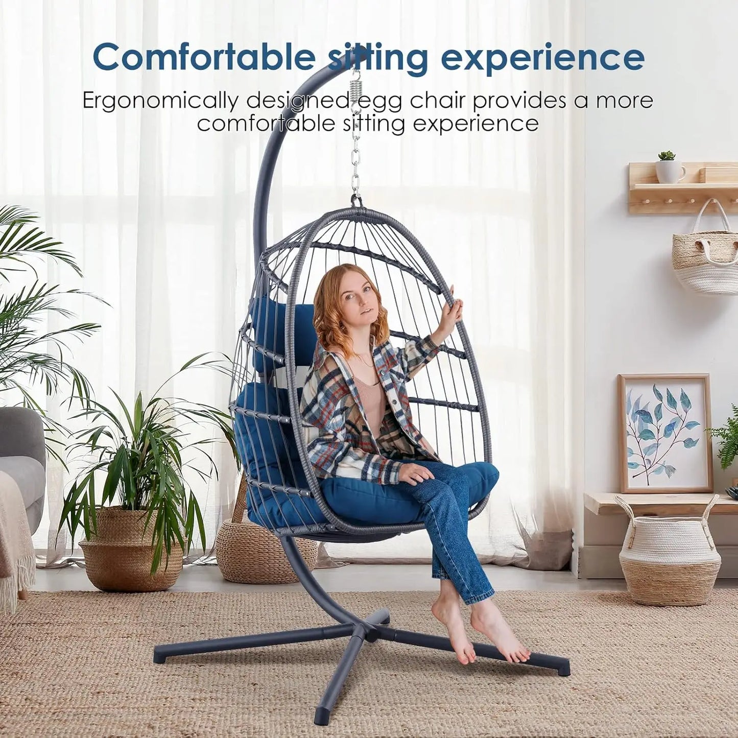 Egg Chair with Stand - Hanging Swing Egg Chair Rattan Wicker Patio Hammock Chair for Indoor Outdoor Bedroom - Rusty, Customized