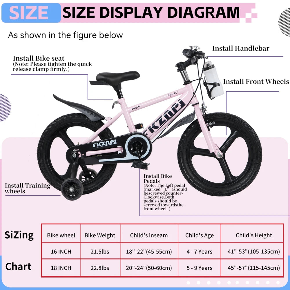 Ye FKZNPJ 16-Inch Kids Bike - High Carbon Steel Frame, Magnesium Alloy Wheels, Night Glow Training Wheels, Adjustable Seat, Water Bottle - Bicycle for Girls & Boys Ages 3 - 9, Toddler Bike