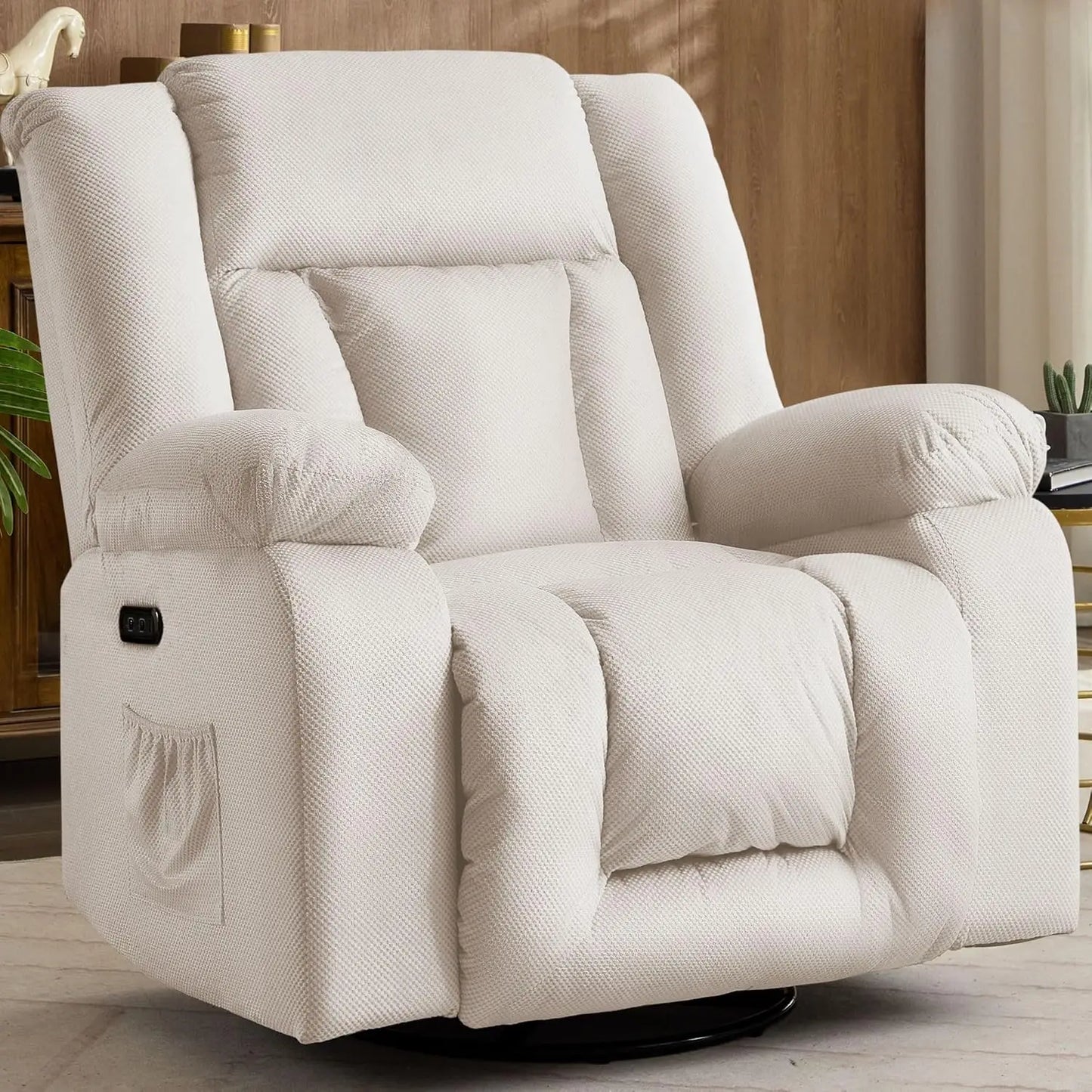 Oversized Power Recliner Chair,Electric Glider Reclining with Massage and Heating,Waffle Fabric Rocker Recliner with Side Pocket