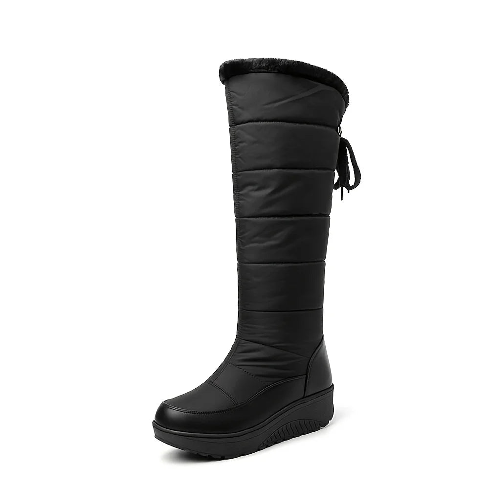 Women's Fuzzy Faux Fur Winter Snow Boots Fashion Platform Wedges Heel Pull On Waterproof Casual Comfy Knee High Boots Woman
