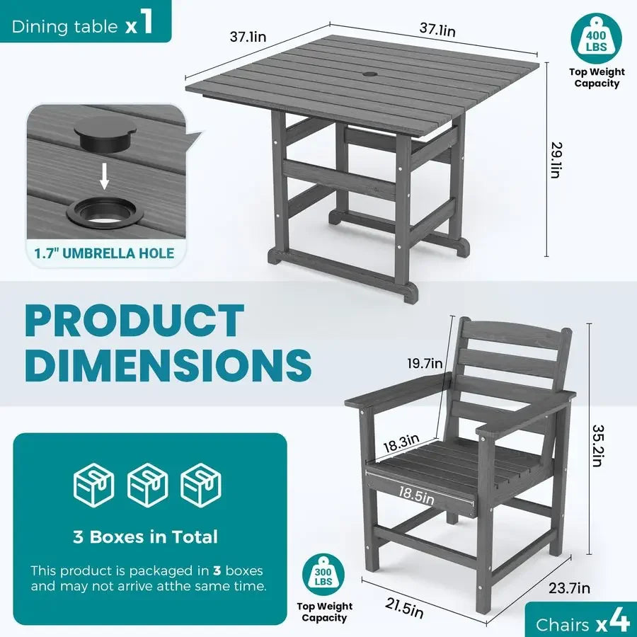 HDPE Dining Table Set, 5Piece AllWeather HDPE Outdoor Table and Chairs with Elegant Armrest, Wood Grain Patio Furniture Sets wi