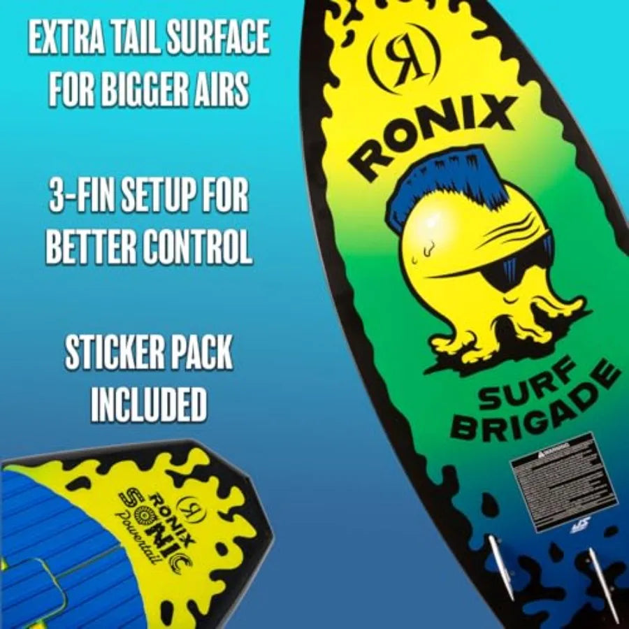 ' wakesurfing board for all skill levels: yellow/green polyethylene board with extended tail surface and Turbo 3000 fin for enh