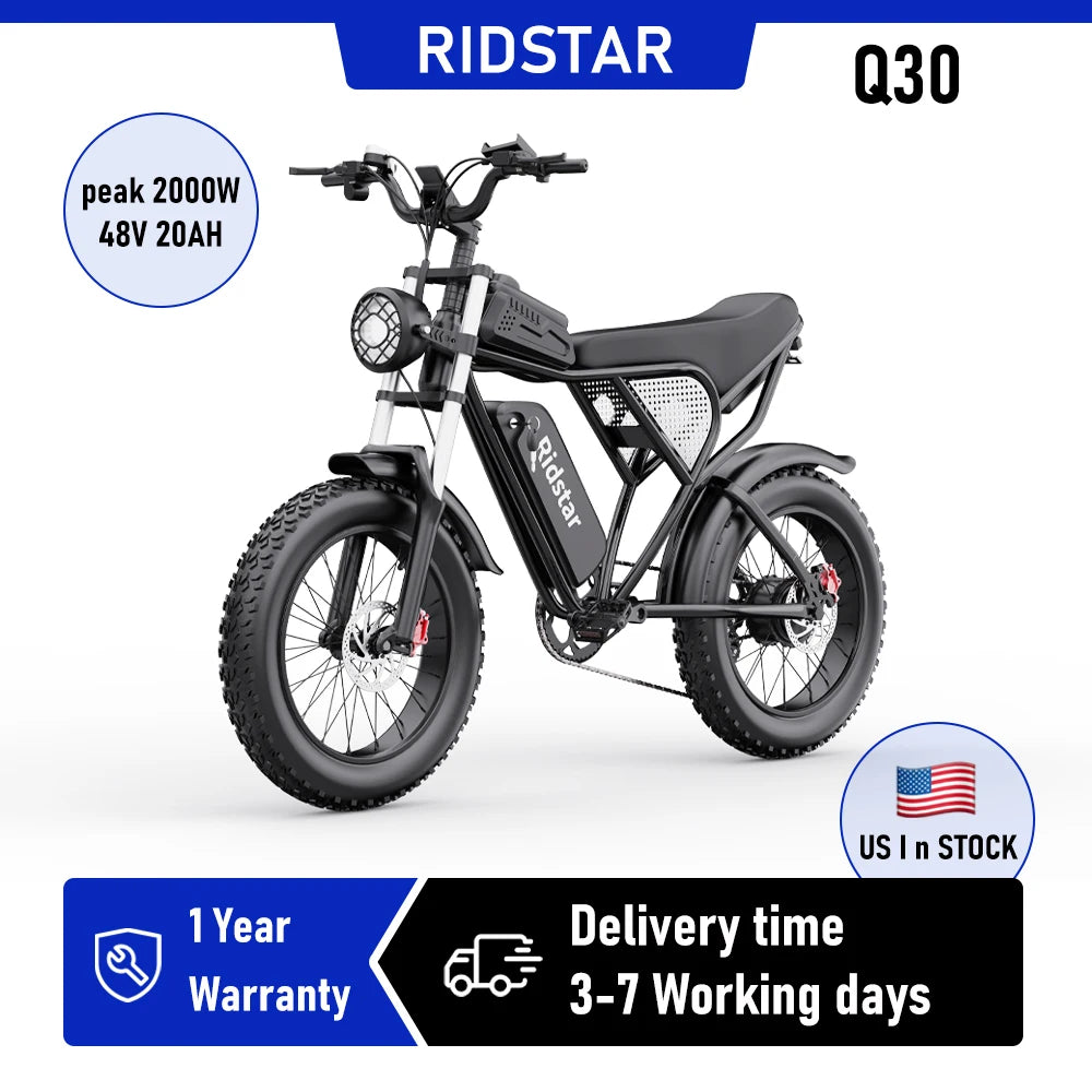 RIDSTAR Q30 Electric Bike for Adults E-Bike 2000W 48V 20AH 20" Fat Tire Electric Dirt Bike Bicycle UL2849  for Mountains Road