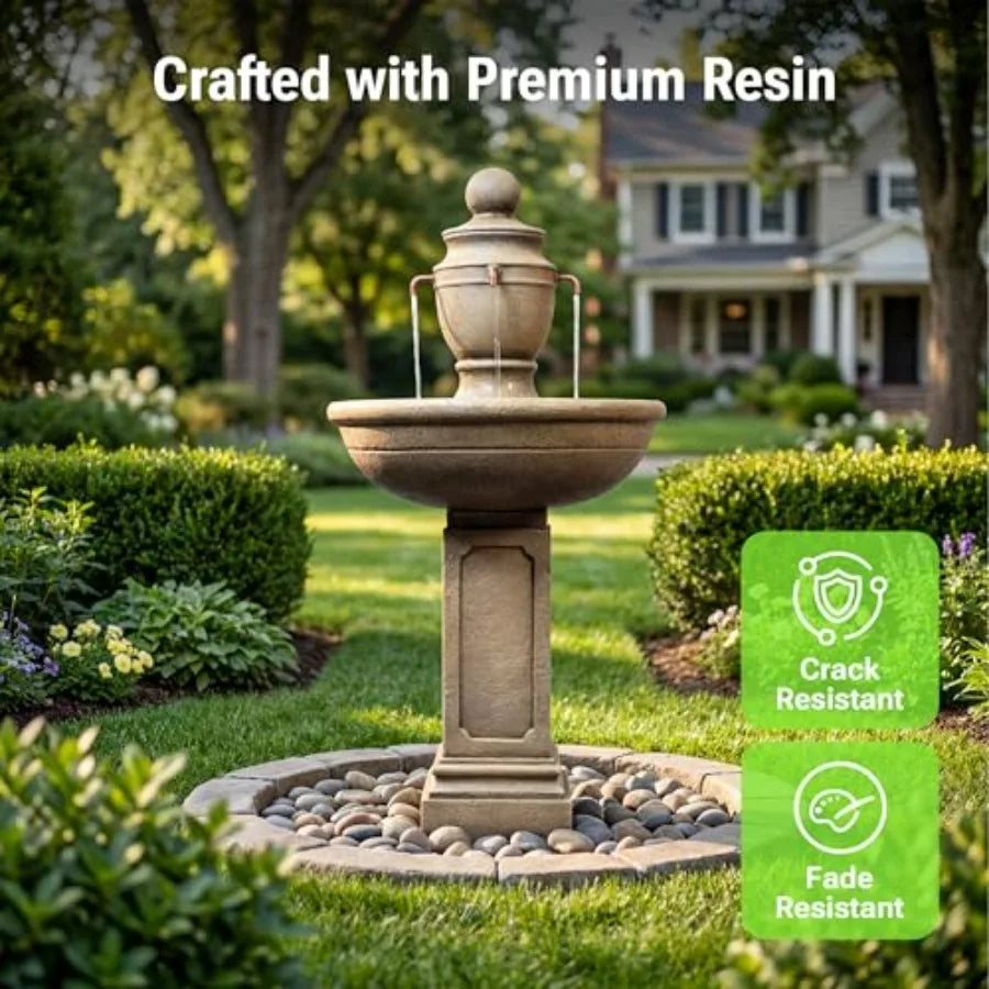 35-Inch Outdoor Water Fountain 2-Tier Modern Italian Floor Standing Resin Waterfall Fountain with Warm Light in Brown for Garde