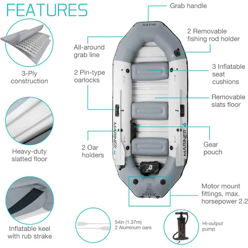 INTEX Mariner Inflatable Boat Series: Includes Deluxe Boat Oars and High-Output Pump – SuperTough PVC – Wear-Resistant Keel