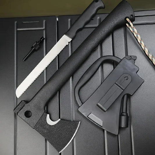 Ultimate Outdoor Survival Axe with Fire Starter - Multi-Use Tactical Camping Tool for Hiking, Emergency Tree Cutting, and Jungle