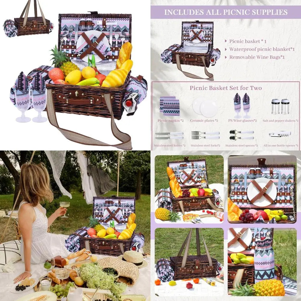 neti neti wicker picnic basket for 2 boho with insulated cooler & waterproof blanket – large willow picnic hamper for outdoor, c