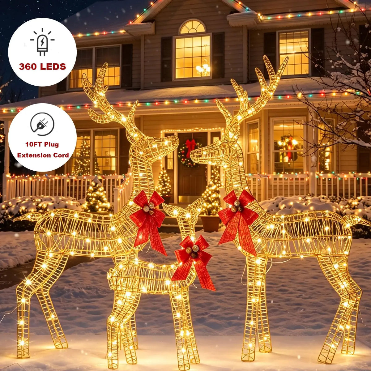 3 Piece Lighted Christmas Deer Family Outdoor, Gold Glitter Reindeer Yard Decor, 360 Warm White LED Lights, Buck Doe Fawn Set
