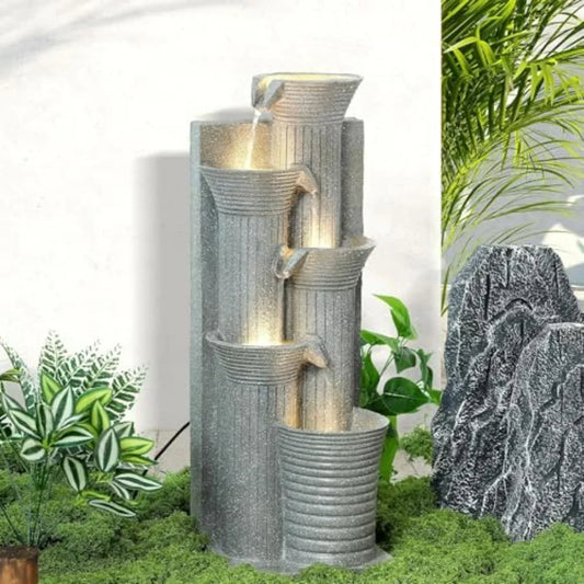 5-Tier Outdoor Indoor Water Feature Fountain 24 H Indoor Cascading Waterfall with 4 LED Lights Floor Standing Garden Fountain f