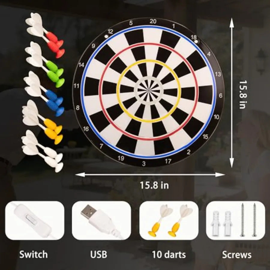 LED light-up dartboard for game room wall decor, ABS plastic, black with blue backlight, safe suction cup darts included