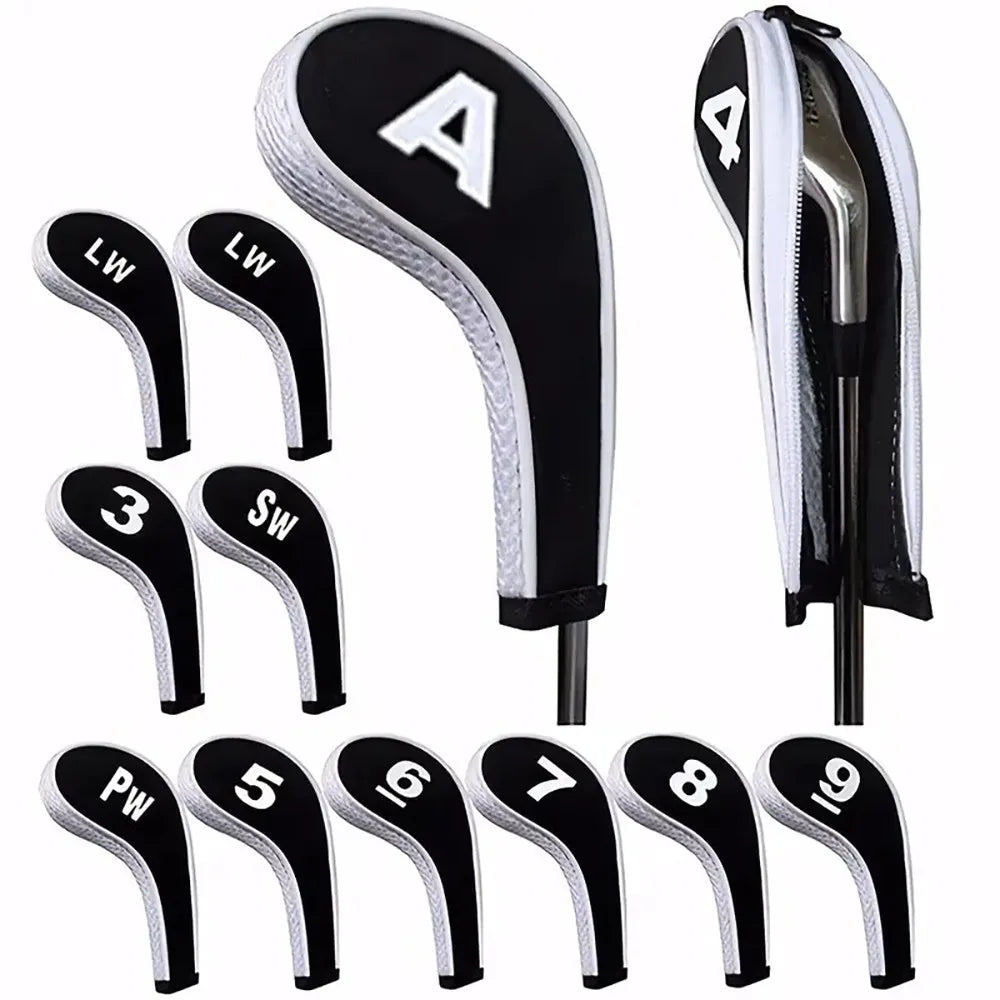 Complete Golf Club Protection Set – 12 Neoprene Covers with Number Print Zippered Driver Head & Long Neck for All Irons