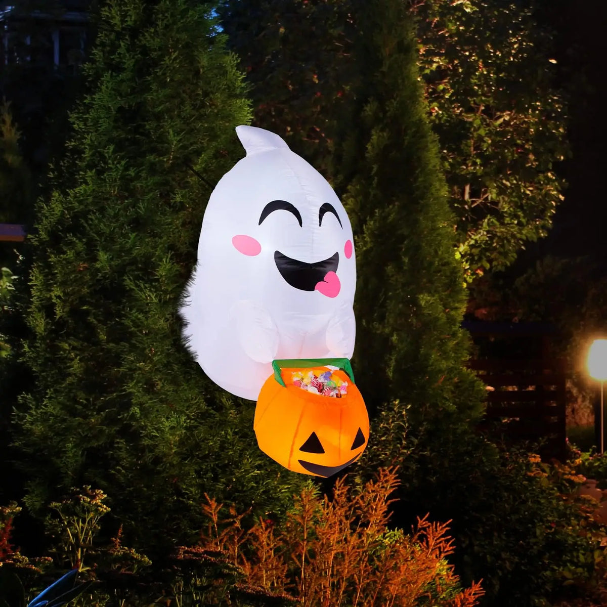 4.5 ft Tall Window Ghost  Halloween Inflatable Outdoor Decorations Blow Up Halloween Yard Decorations Inflatable Decor Blow Up Ghost with Candy Basket for Window Decor