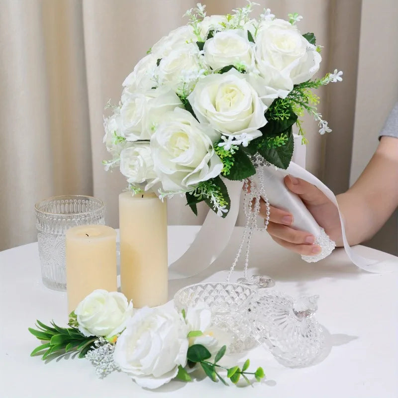 3Pcs Bridal Bridesmaid Wedding Bouque Artificial White Silk Rose,Mariage Bouquet,Wedding Accessories,Boutonnieres,Wrist Corsage