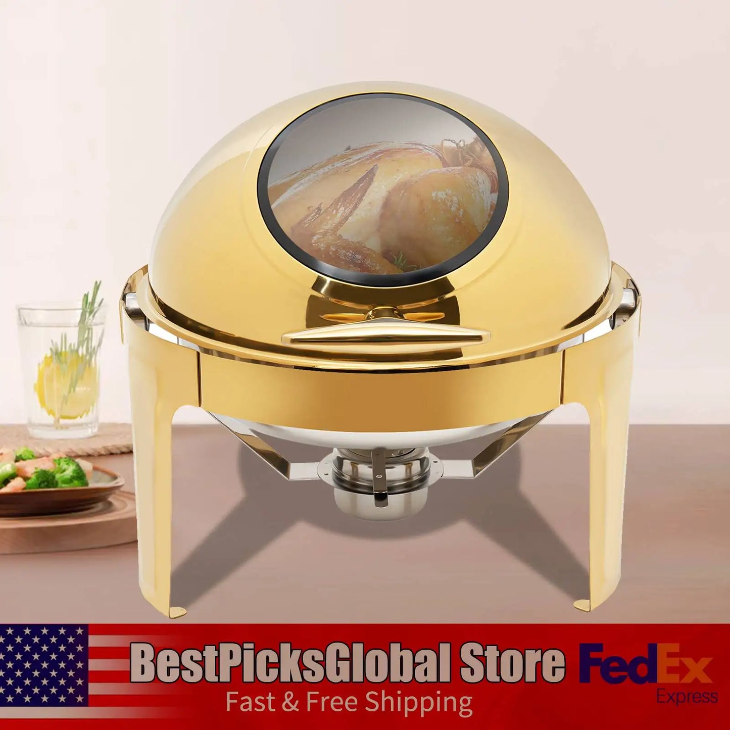 Single Compartment Buffet Chafing Dish, Gold, Round Buffet Warmer with Glass Lid, Food Warmer for Catering, Party