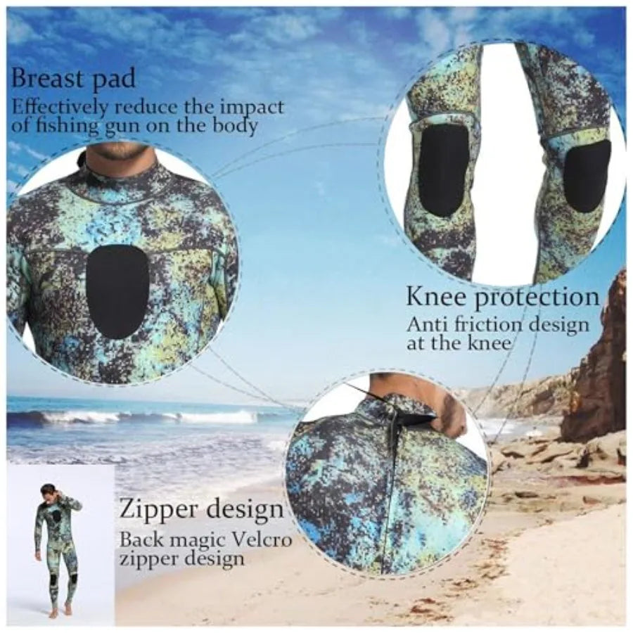 Wetsuits for scuba diving and spearfishing: 3MM camo neoprene one-piece full suit, unisex fit, durable and flexible sport skin