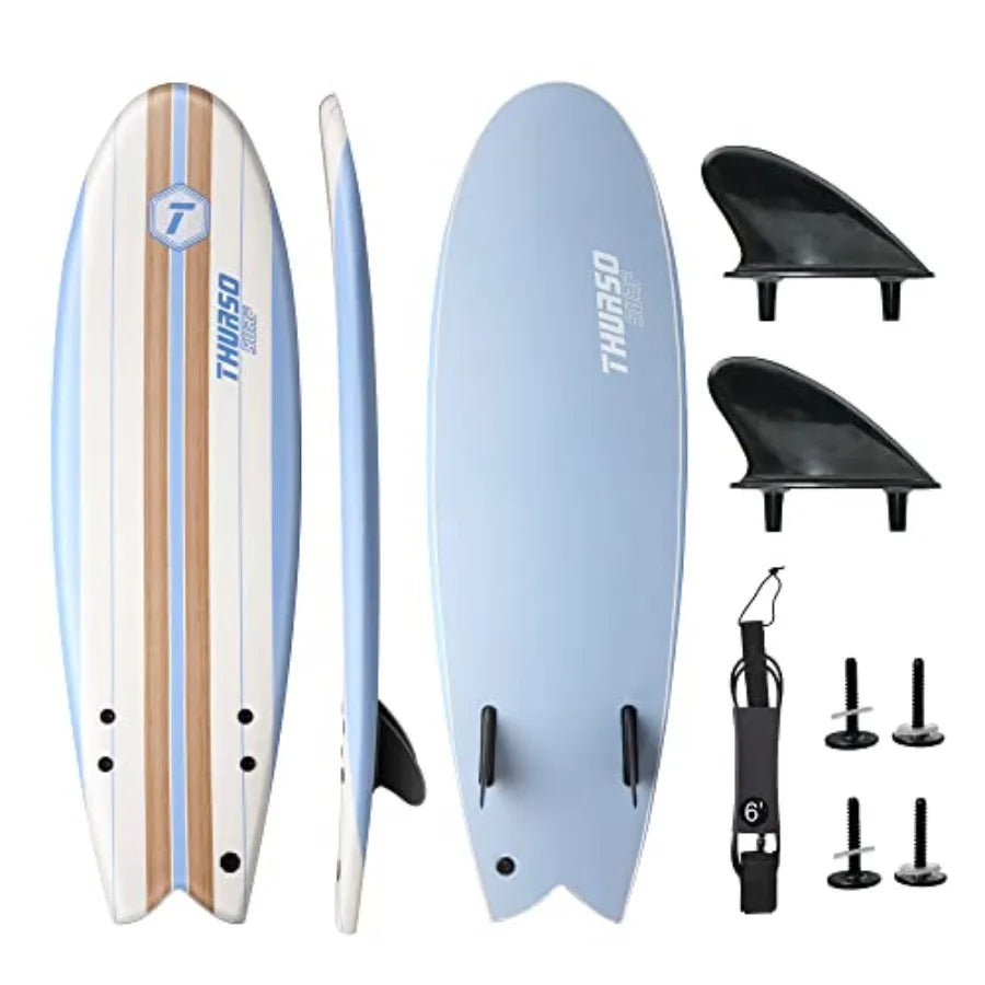 5'10'' Soft Top Foam Surfboard Fish for Adults with Twin Fins Double Swivel Leash EPS Core IXPE Deck HDPE Slick Bottom Non-Slip