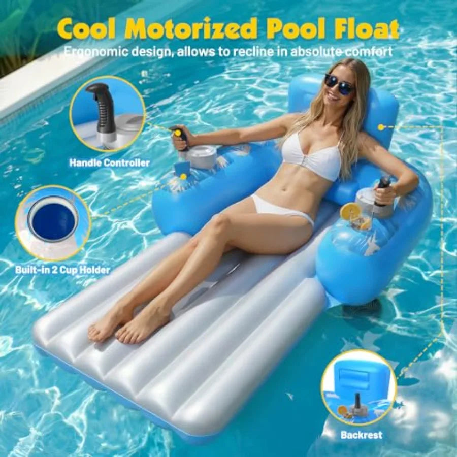 Inflatable Motorized Pool Float for Adults - Rechargeable Electric Water Lounger with Dual Motors and 2 Storage Compartments Su