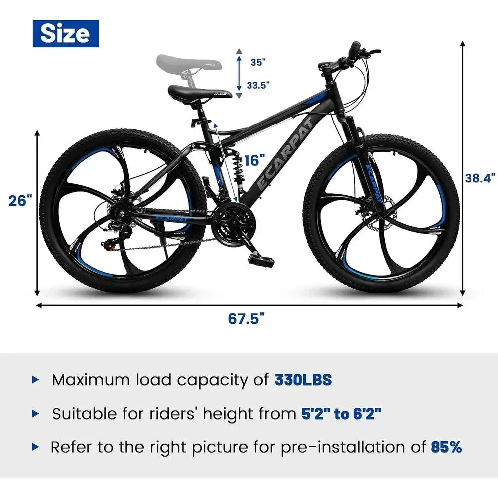 24/26/27.5 Dual Suspension Mountain Bike with 21 Speeds, High-Carbon Steel Frame, Disc/V Brakes for Men