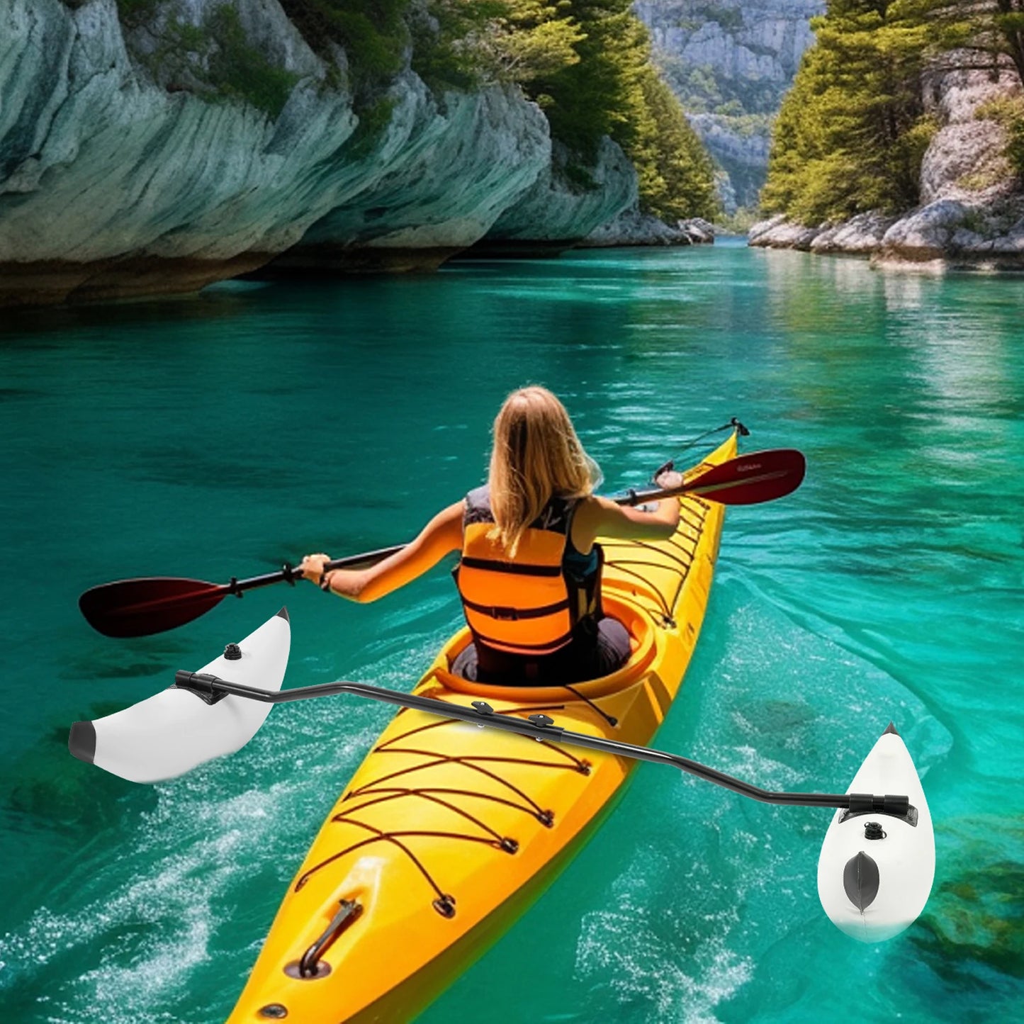 Inflatable Kayak Outrigger Stabilizer Floats Kayak Canoe Buoyancy Floats PVC Float Cylinder with Adjustable Aluminum Alloy Rods Dual Valve Float Stabilizer System for Fishing Kayak Canoe Paddling Boat Balance