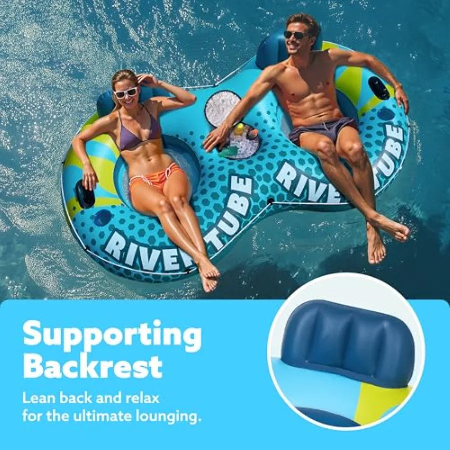 2-Person Inflatable River Tube - Heavy Duty River Run Tubes Pool Lake Floats for Adults Large Floating Raft Lounge Above Water