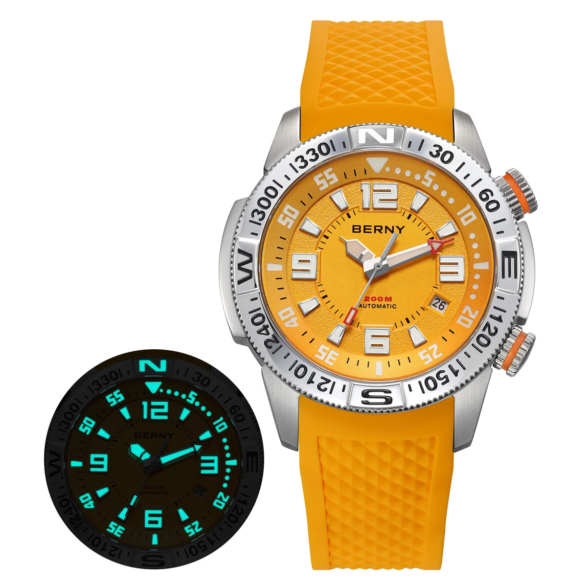 BERNY Automatic Diving Watches for Men 20ATM Super Luminous Mechanical Men's Diver Watch Full S/S Sapphire Swim Dive Wristwatch