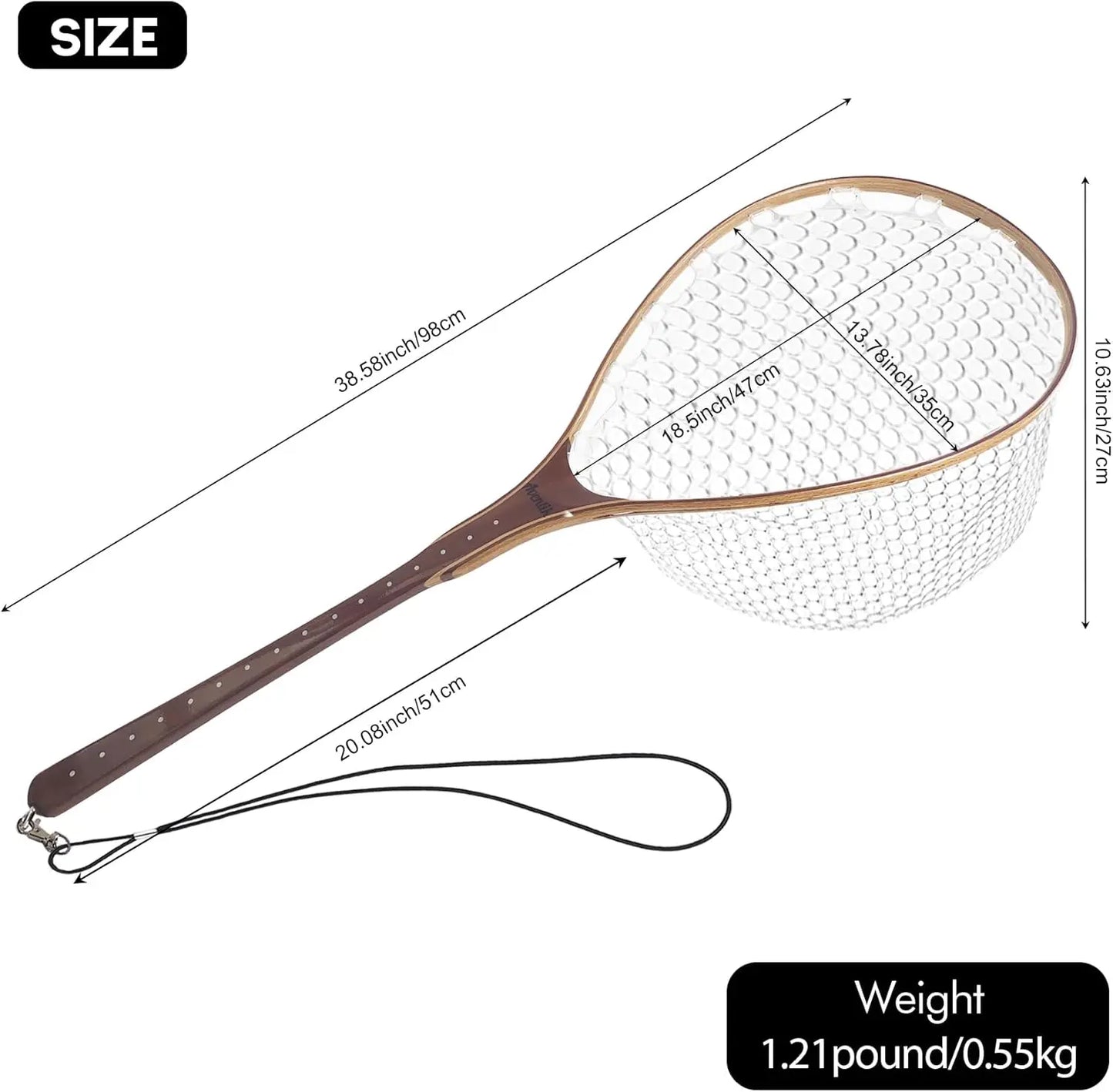 Wooden Fly Fishing Net with Soft Rubber Mesh for Trout, Freshwater Saltwater Use, Safety Cord Included - Ideal Gift for Men