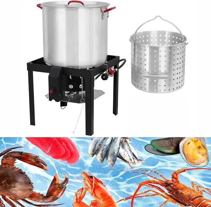 100 Qt Turkey Deep Fryer Pot, Aluminum Seafood Boil Pot with/Strainer & Burner Set Crawfish Boiler, 110000 BTU Propane Stove Burner with Stock Pot, Basket Lid, Outdoor Cooking Shrimp Crab Boiler
