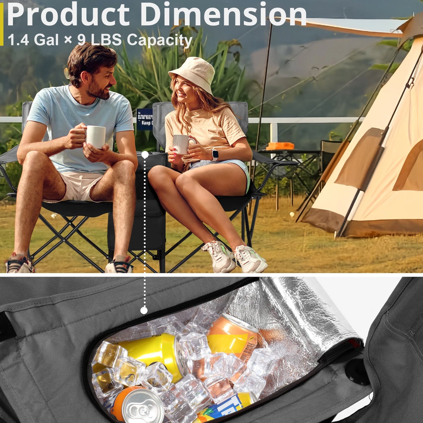 Portable Outdoor 2 Seat Folding Chair with Removable Sun Umbrella Steel Tube Oxford Fabric Heavy Duty for Fishing Black