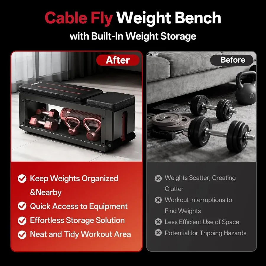 Adjustable Flat Workout Bench with Cable Fly Machine for Home Gym 990 lb Capacity Steel Frame Black Built-in Storage Ideal for